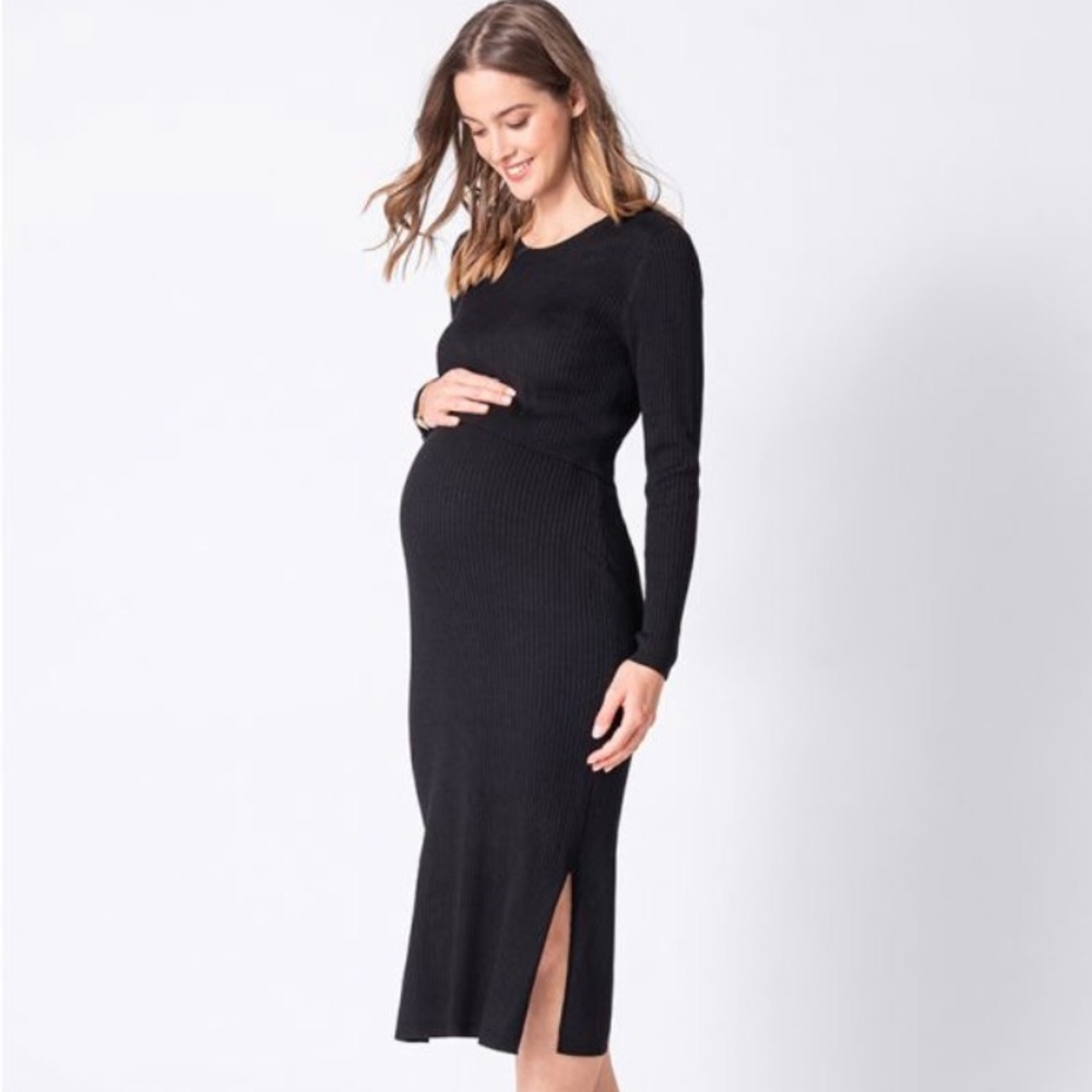 Seraphine Black Ribbed Maternity & Nursing Midi